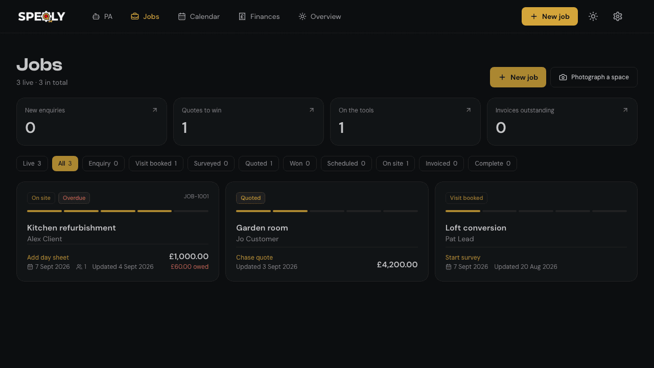 Jobs at a glance in the redesigned Speqly workspace